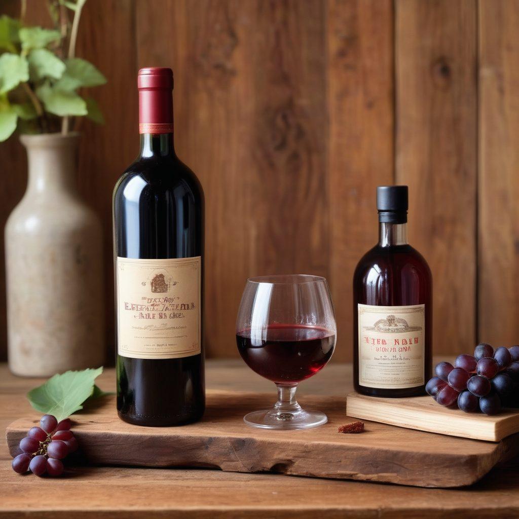 A stylish vintage wine bottle and a glass filled with deep red wine sitting elegantly on a rustic wooden table. Surrounding the wine, there are trendy grooming items like a sleek razor, a luxurious aftershave bottle, and artisanal soap bars, all with a soft, warm ambiance. In the background, there are blurred images of grapevines, enhancing the vintage feel. The composition should evoke a sense of relaxation and sophistication. super-realistic. warm tones. vintage aesthetic.