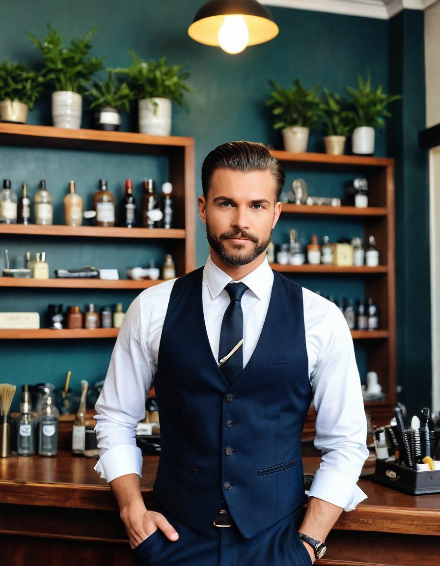 A dapper gentleman in a stylish outfit, standing confidently in front of a sleek barber shop with vintage decor. He holds grooming tools like scissors and pomade, showcasing modern grooming techniques. The background features trendy grooming products neatly arranged on the shelves, with elegant plants adding a chic touch. The overall atmosphere is sophisticated yet inviting, capturing the essence of contemporary masculinity. super-realistic. vibrant colors. elegant background.