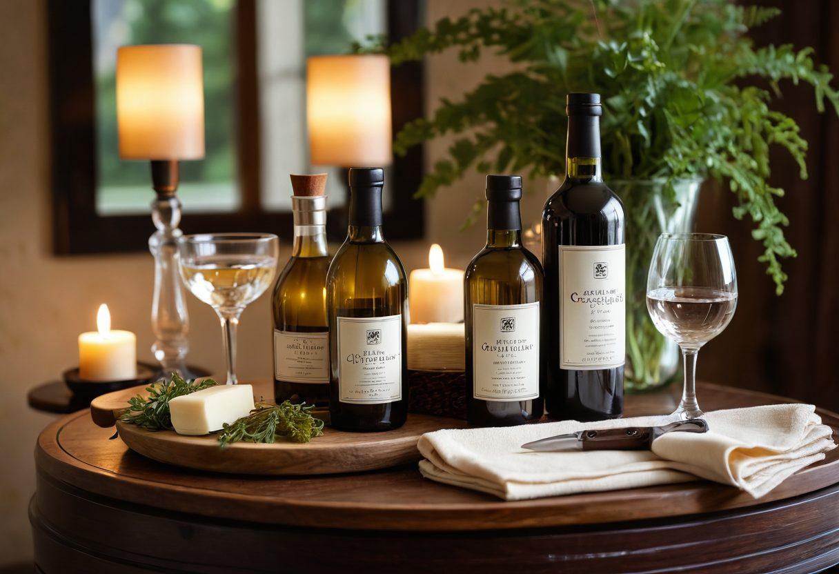 A beautifully arranged table featuring an elegant wine bottle and glasses, surrounded by luxurious grooming products like artisan shave cream, a sleek razor, and scented cologne. Soft, warm lighting creates a cozy atmosphere, with hints of nature like green vines and blooming flowers in the background. The overall scene exudes a sense of relaxation and sophistication, inviting the viewer to indulge in self-care and enjoyment. super-realistic. warm colors. cozy setting.